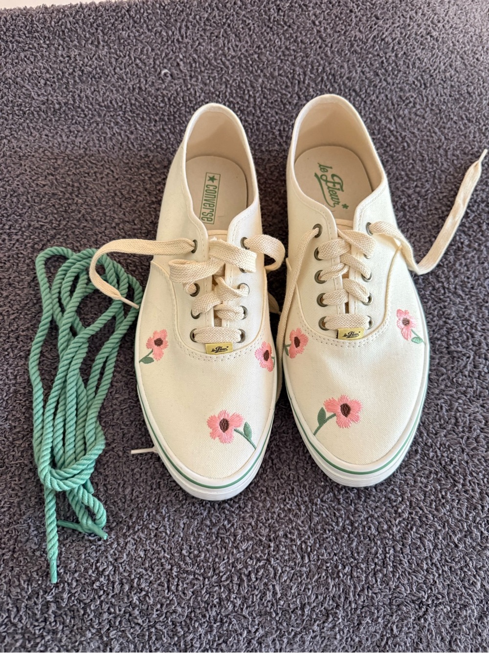 Converse Cream Canvas Boat Shoes with Pink Floral Embroidery